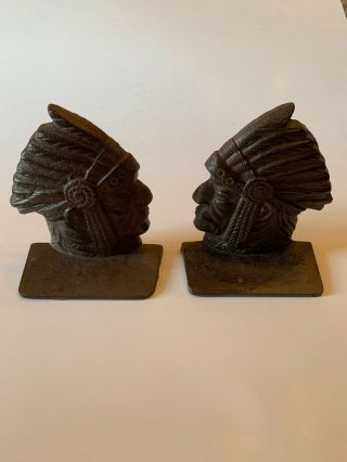 Antique Vintage Native American Indian Chief Head Cast Iron Bookend Set 5 1/2 "