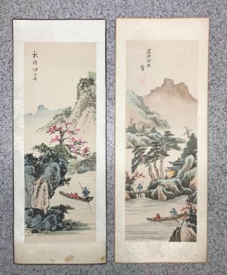 Vintage Japanese Oriental Hand Painted Art On Silk Set Of 2 Bonded But Unframed