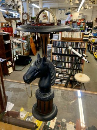 Vintage Mid Century Cast Iron & Wood Horse Head Tall Ashtray Smoking Stand 23”