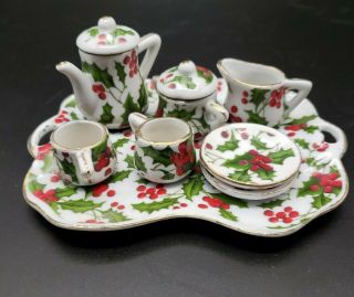 Vintage Miniature Tea Set Christmas Holly Berries Ceramic Red Green Teapot