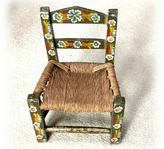Vintage Folk Art Hand - Painted Wood Doll Child Chair Rush Seat