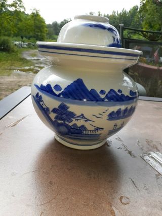 Vintage Chinese Porcelain Pickling/ Fermenting Jar With 2 Lids