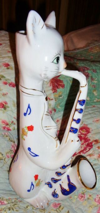Unique Vintage Cat Playing Saxophone Planter / Vase Flower Gold Detail