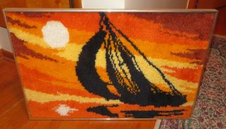 Vintage Latch Hook Sunset Sailboat Rug Wall Hanging 24 " X 36 " Framed 1970s Beach
