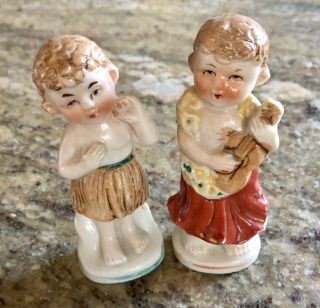Pair Vintage Hawaiian Hula Boy & Girl Bisque Porcelain Doll Figurines 4 "
