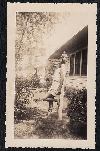 Old Vintage Antique Photograph Woman Standing In Yard Leaning On Light Post