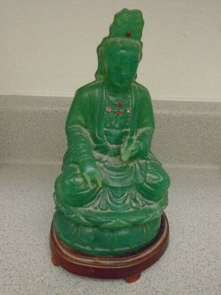 Vintage Green Jade Buddha With Gems With Base