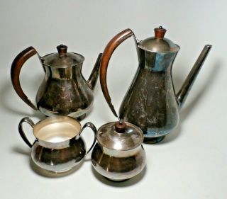 Vintage 1950s Gorham " Modern " Mcm Silver Plate Coffee Tea Sugar 4 Pc Set W Teak