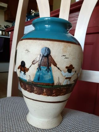 Mexican Tonala Sandstone Pottery 9.  5” Vase Woman Child Mexico Mother Cactus