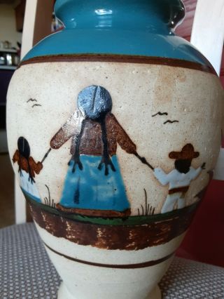 Mexican Tonala Sandstone Pottery 9.  5” Vase Woman Child Mexico Mother Cactus 2