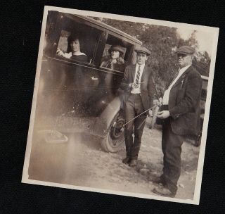 Antique Vintage Photograph Men Standing By Women Driving In Antique Car Auto
