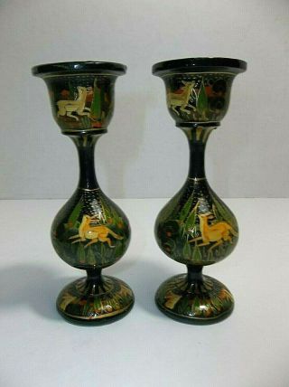 Vintage Russian Lacquer Candlesticks Candle Holders Hand Painted