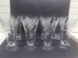 Set Of (8) Vintage Tiffin Rose Etched Footed Iced Tea Goblets Elegant Glass