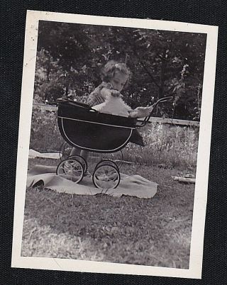 Vintage Antique Photograph Little Girl Playing With Doll In Carriage