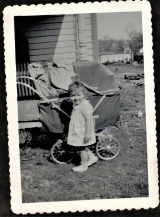 Antique Vintage Photograph Adorable Little Girl By Old Time Baby Carriage