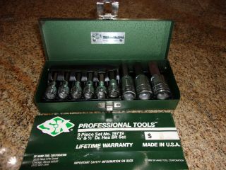 Vintage Sk Tools 9 Piece 3/8 " - 1/2 " Drive Sae Hex Bit Socket Set Steel Box