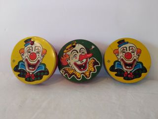 Set Of 3 Vintage Tin Clown Noisemakers Us Metal Toy Mfg 4 " All Work
