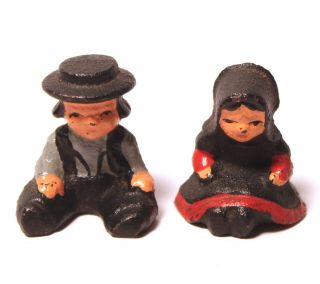 Vintage Hand Painted Cast Iron Amish Mini Figurines Figures Boy & Girl Sitting