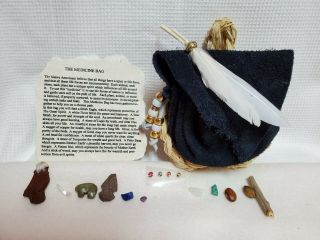 Mid Blue Leather Medicine Bag With Native American Fetish And Legend