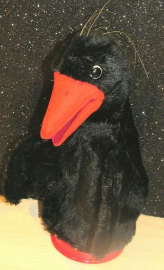 Vintage 1960s Red Beaked Crow Black Bird Hand Puppet W/straw Stuffing