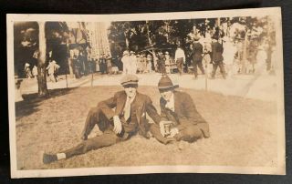 Vintage Unusual Photo 2 Guys Holding A Camera On Lawn In Town Square 4748