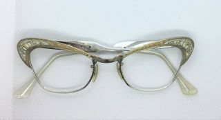 Vtg Cat Eye Glasses Frame Only 5 1/2 Gold Detail Aluminum Etched Jewels 50 - 60’s