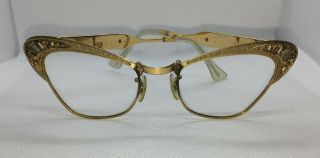 Vtg Cat Eye Glasses Frame Only 5 1/2 Gold/silver Aluminum Etched Jewels 50 - 60’s