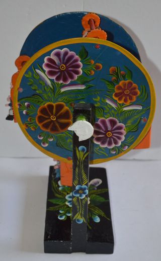 Vintage Mexican Folk Art Hand Crafted?? Painted Flowers Wood Ferris Wheel 2