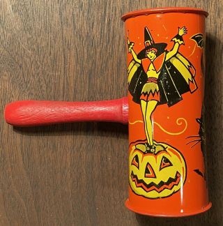 Vintage 1940s Kirchhof Halloween Tin Toy Noisemaker Young Old Witch Black Cat