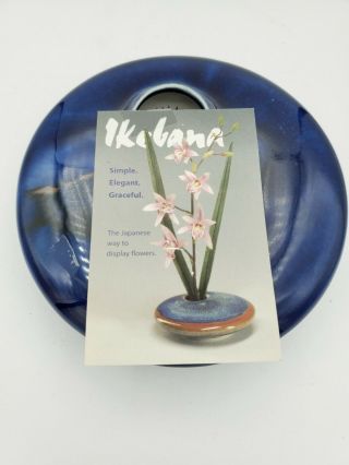 Japanese Pottery Flower Vase Ikebana Blue With Flower Holder 1.  5  T 5.  75  W