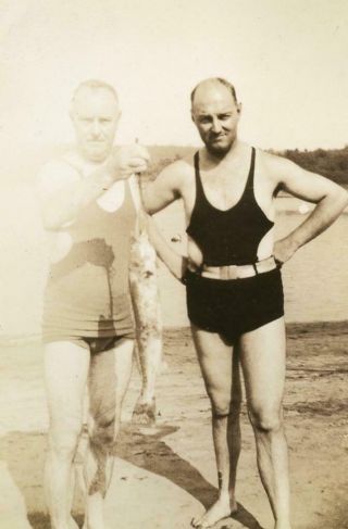 Kj43 Vtg Photo Men In Swim Suits Holding Fish Catch C 1936