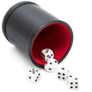 Felt Lined Black Leather Dice Cup With 5 Dot Dices Set Pack Bar Tool Interesting