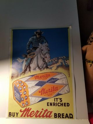 Vtg.  The Lone Ranger Merita Bread Advertising Sign - 10 " X 14 "