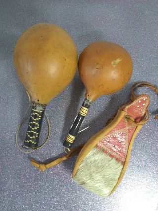 Native American Gourd Rattle (2) And Animal Hide And Fur Medicine? Bag