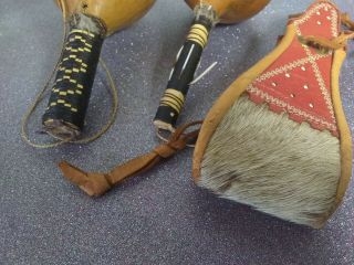 Native American Gourd Rattle (2) and Animal Hide and Fur Medicine? Bag 2