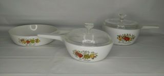Vintage Corning Ware Made by Pyrex,  Spice of Life,  3 piece set w/ 2 lids 2