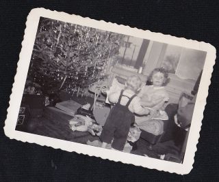 Old Vintage Antique Photograph Two Children By Christmas Tree With Toys