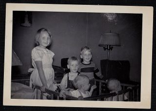Vintage Antique Photograph Little Girl Standing By Children In Playpen