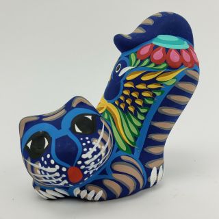 Mexican Folk Art Cat Figurine Hand Painted Terra Cotta Clay Pottery 1970s