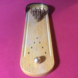 Vintage Miniature Tabletop Bowling Game With Solid Brass Bronze Pins
