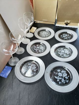 Vintage Avon Hummingbird Lead Crystal Champagne,  Goblet And Dessert Plate Set