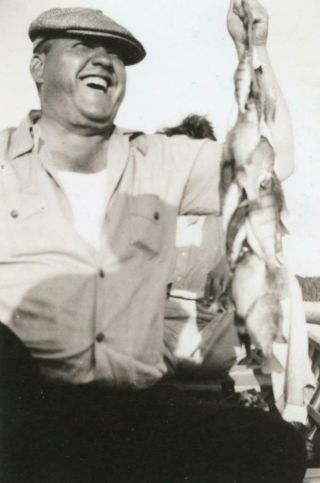 Mt64 Vtg Photo Happy Man With His Fantastic Catch Of Day,  Boat Fishing