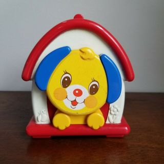 Vintage Kiddiecraft Musical Wind Up Puppy Dog In Doghouse Barks & Plays Music
