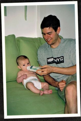 Vintage Photograph Dad Sitting On Couch Feeding Cute Baby Bottle Of Milk