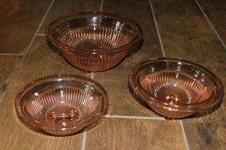 3 Vtg Federal Glass Ribbed Nesting Mixing Bowls Pink Pillar 9 3/4,  7 7/8,  7 1/4