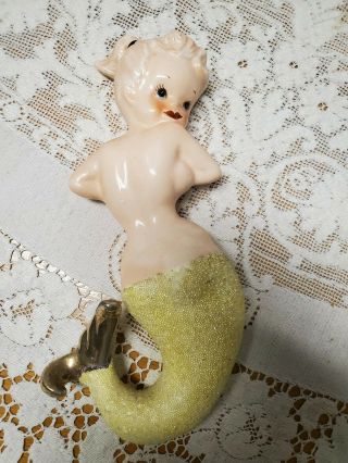 Vintage Norcrest Japan Mermaid Wall Plaque Japan Yellow Glitter Skirt Gold Tail