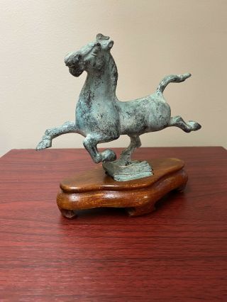 Vintage Flying Horse Of Gansu On Swallow Bronze Statue Art With Wooden Stand
