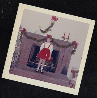 Vintage Photograph Little Girl In Red Christmas Dress Standing By Fireplace