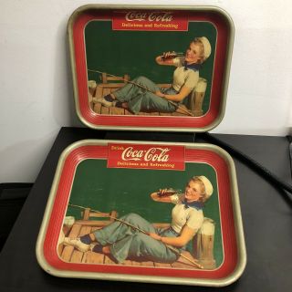 Vintage 1940 Drink Coca Cola Tray Girl Fishing On Dock Sailor Hat Set Of Two