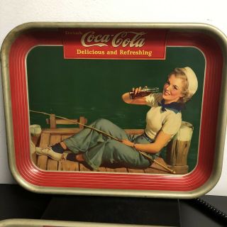 Vintage 1940 Drink Coca Cola Tray Girl Fishing On Dock Sailor Hat Set of Two 2
